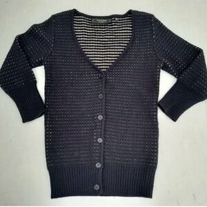 Fletcher by Lyell Jaquard Pattern V-Neck Knit Cardigan  3/4 Sleeve Navy Small